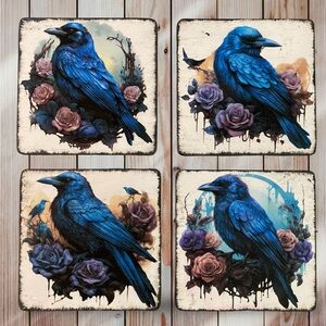 Handmade Distressed Blue Raven/Crow & Roses Square Wood Coasters - Set of 4